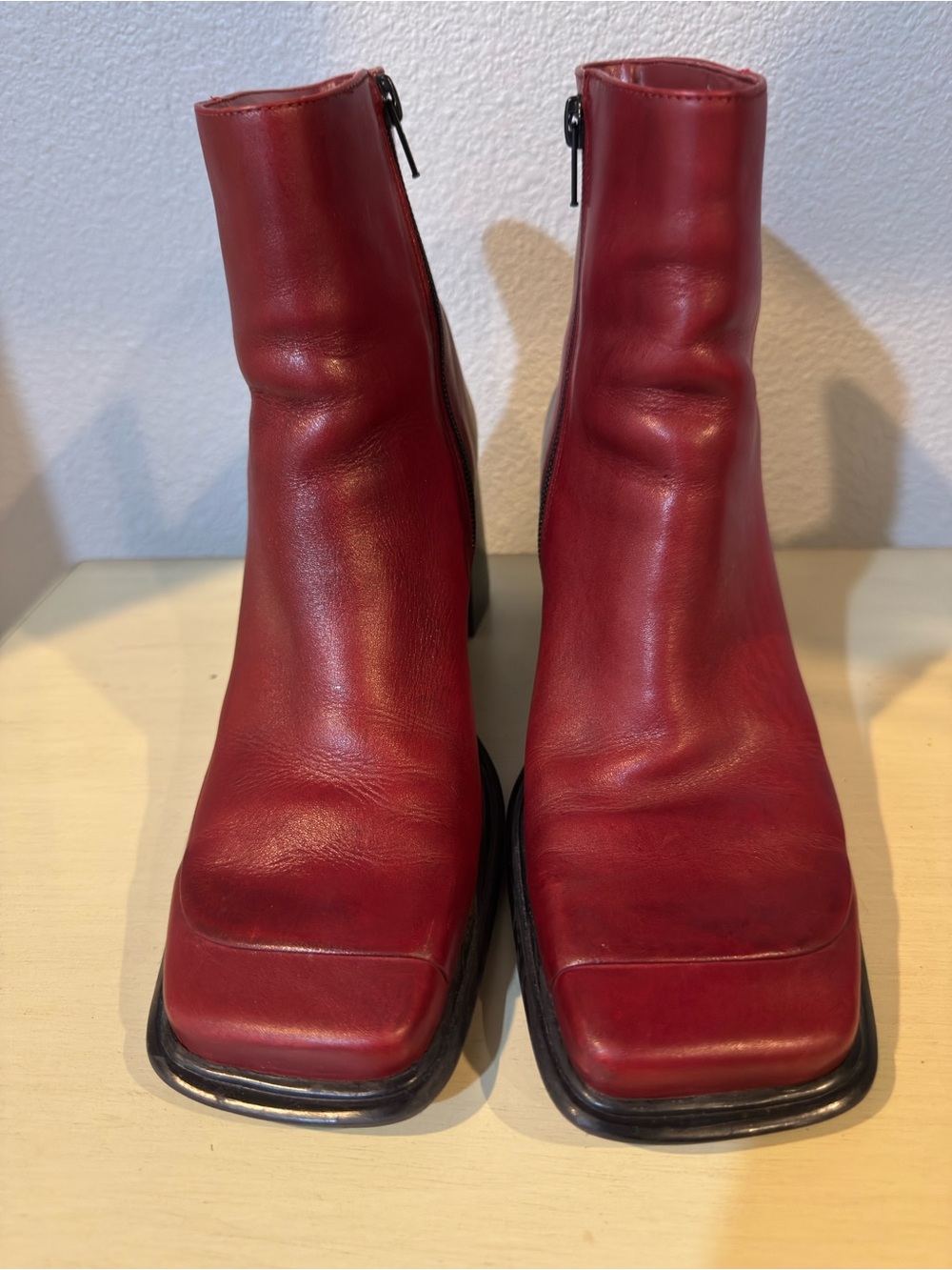 Diba Red Leather Square-Toe Ankle Boots